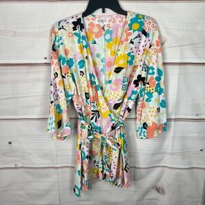 XIX Palms Dress Womens Small Colorful Floral Wrap Kimono Sleeve Mini Woven Beach